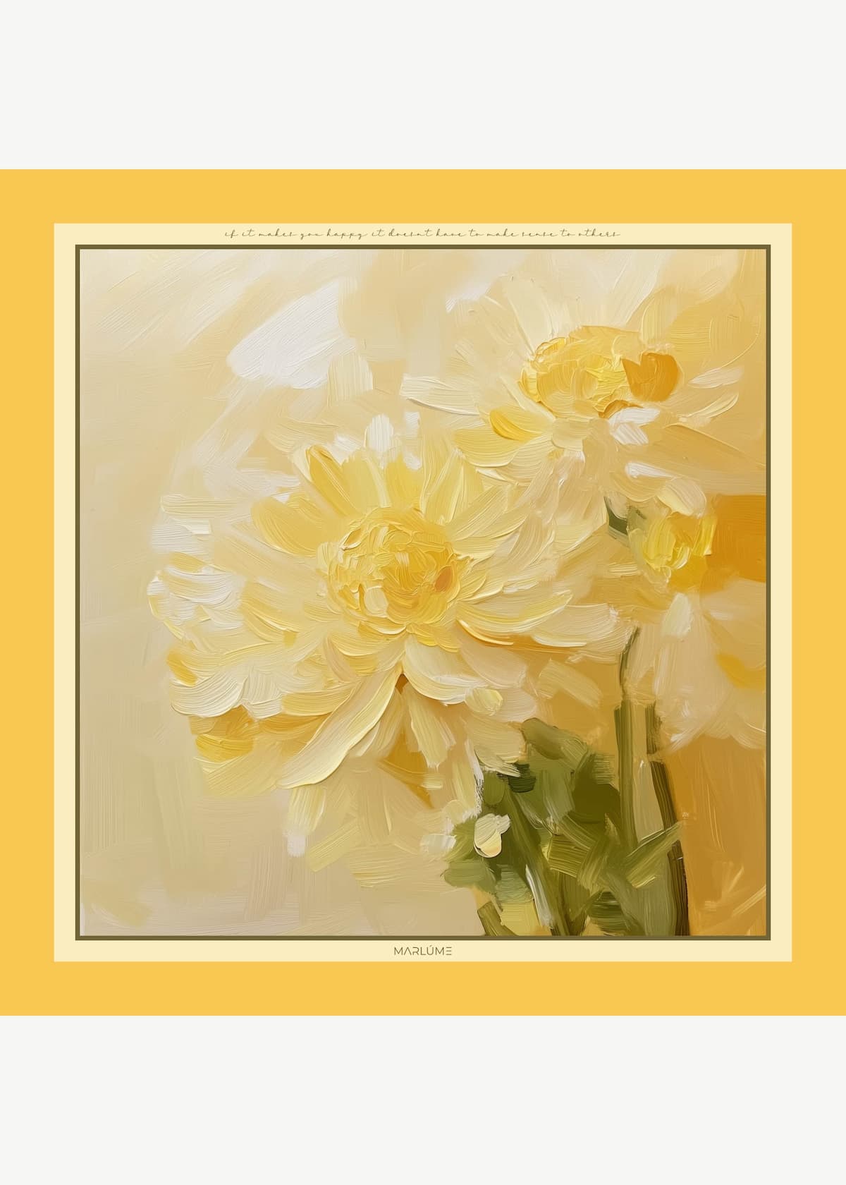 O eșarfă mare care radiază bucurie și feminitate printr-o țesătură ce pulsează de emoții luminoase și sincere. Prezența amplă aduce un val de energie pozitivă și grație în orice moment. Marlume | emoție și feminitate cu suflet.