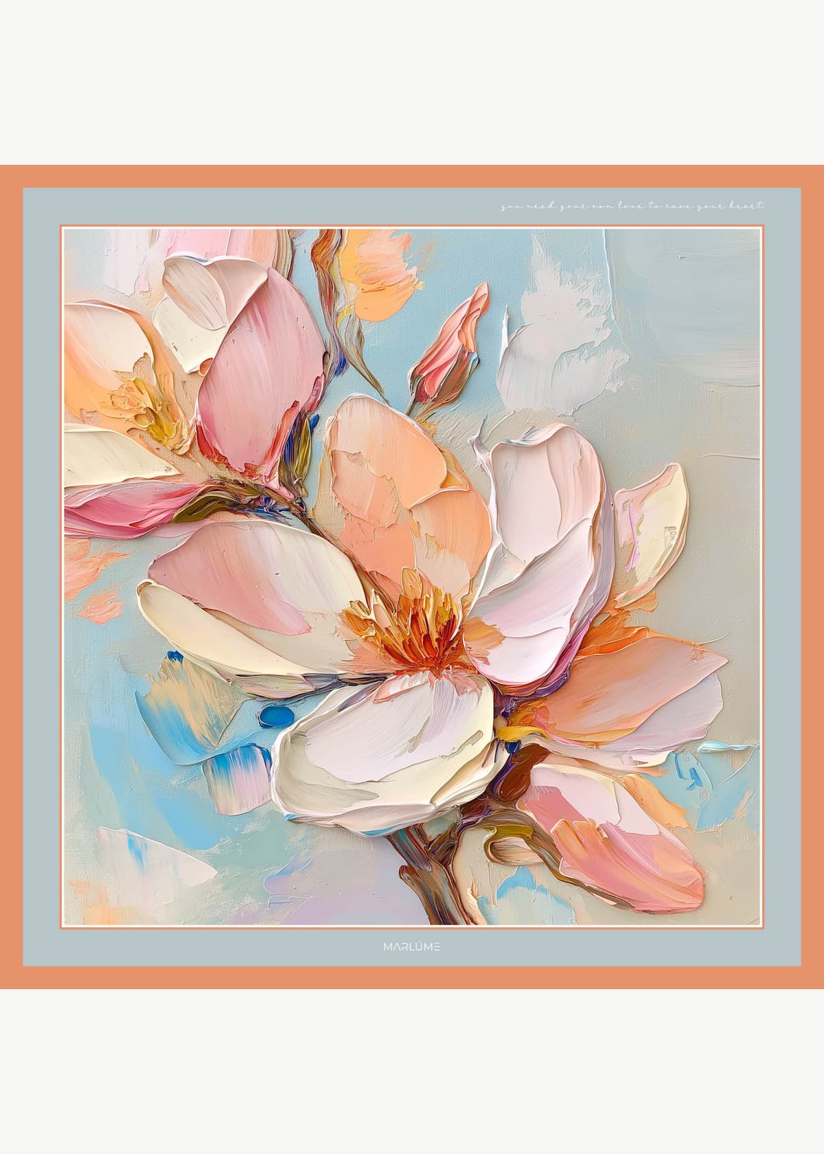 O eșarfă mare ce simbolizează iubirea de sine, învăluindu-te cu feminitate și emoții tandre. Dimensiunea amplă îți oferă o prezență plină de căldură, care inspiră respect și prețuire față de propria persoană. Marlume | emoție și feminitate cu suflet.